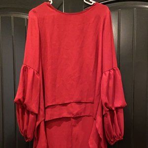 Women's high low long sleeve burgundy/ maroon blouse with ruffled sleeves